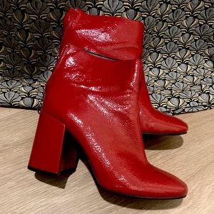 Red leather heeled boots
